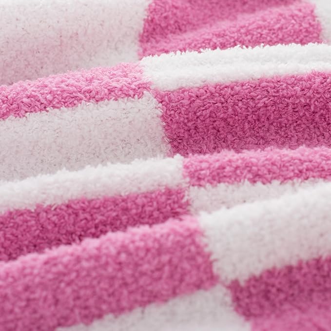 Carriediosa Checkered Throw Blanket 90" X 90" Queen, 400GSM Ultra Soft Microfiber Fuzzy Fluffy Reversible Cute Preppy Knitted Blankets Cozy Plush Fall Throws for Couch, Bed, Sofa, Hot Pink