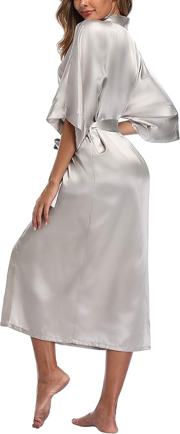 Womens Long Silky Robe Satin Kimono Robes Silk Bathrobe for Wedding Party Full Length Dressing Gown