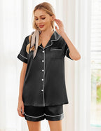 Ekouaer Womens Silk Satin Pajama Sets Soft Short Sleeve Button Down Sleepwear Top and Shorts 2 Piece Pjs Lounge Set
