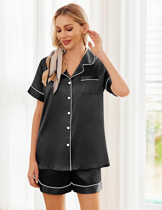Ekouaer Womens Silk Satin Pajama Sets Soft Short Sleeve Button Down Sleepwear Top and Shorts 2 Piece Pjs Lounge Set