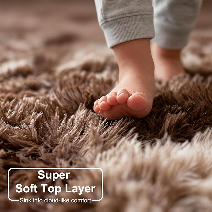 Amdrebio Tie-Dyed Brown Rugs for Bedroom Living Room, 5x7 Fluffy Shaggy Plush Area Rugs for Kids Room Decor Aesthetic, Fuzzy Furry Floor Thick Carpet for Classroom Playroom Preppy Dorm Baby Nursery