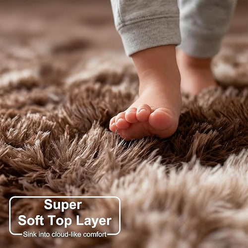 Amdrebio Tie-Dyed Brown Rugs for Bedroom Living Room, 5x7 Fluffy Shaggy Plush Area Rugs for Kids Room Decor Aesthetic, Fuzzy Furry Floor Thick Carpet for Classroom Playroom Preppy Dorm Baby Nursery
