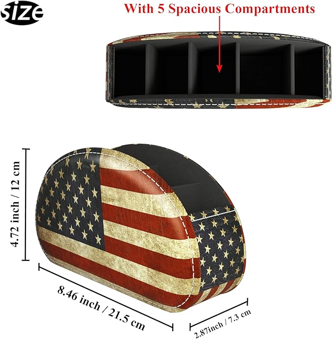 QIELIZI Leather Remote Caddy Desktop Organizer with 5 Spacious Compartments for TV Remotes/Media Controllers/Office Supplies (American Flag)