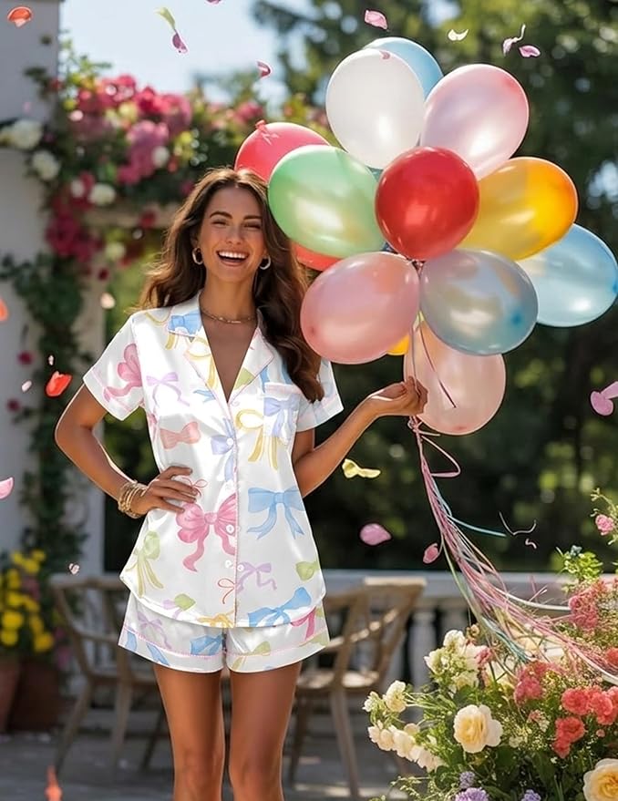 Ekouaer Womens Satin Silk Pajamas Set Short Sleeve Sleepwear Button Down Top and Shorts Loungewear 2 Piece Pjs Set S-XXL