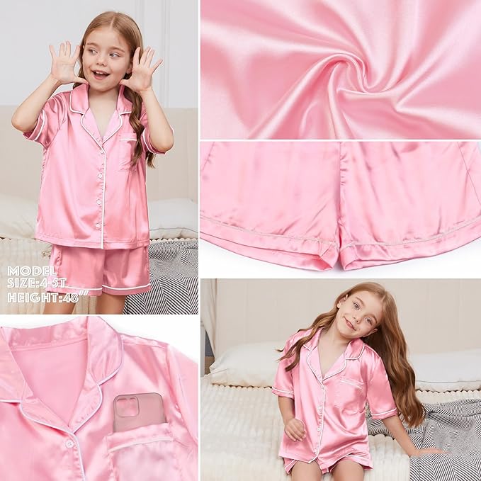 QPANCY Kids Satin Pajamas Sets Baby Boy Girl Button-Down Silk Sleepwear 2 Piece Short Sleeve Loungewear Clothes Set