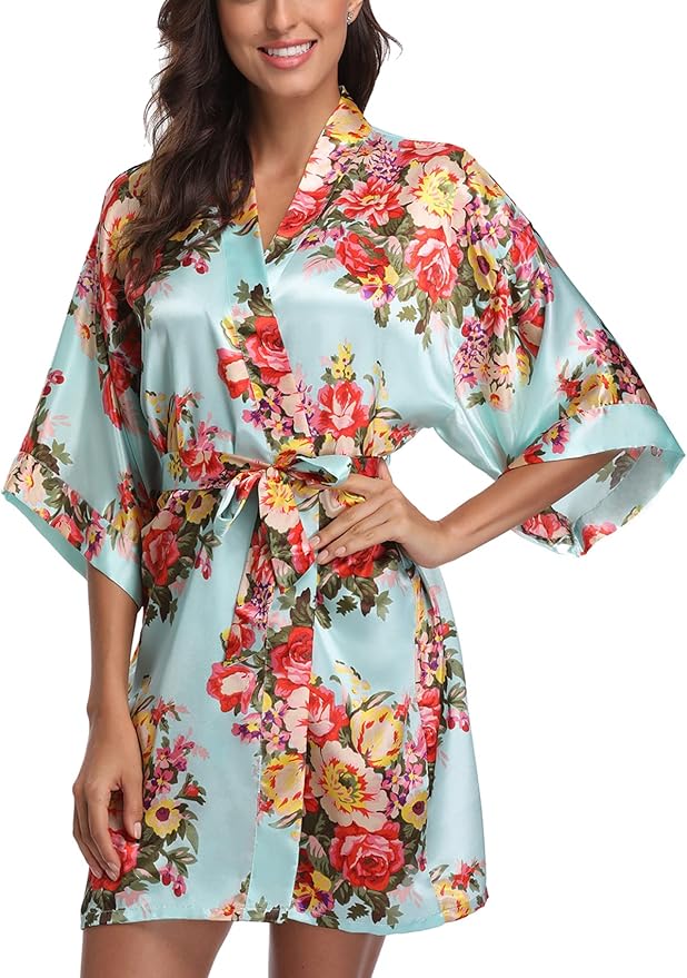 Women's Floral Satin Robes Bride Bridesmaid Getting Ready Robe Short Silky Kimono Sleepwear for Wedding Party