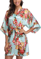 Women's Floral Satin Robes Bride Bridesmaid Getting Ready Robe Short Silky Kimono Sleepwear for Wedding Party