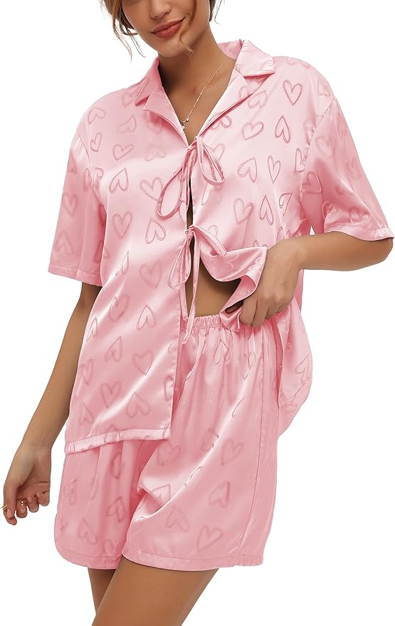 CHYRII Women's Silk Satin Pajamas Sets Tie Front Short Sleeve Tops and Shorts Two Piece Pj Sets Sleepwear
