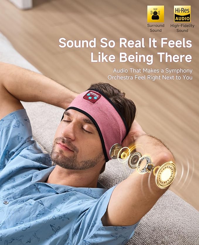Perytong Sleep Headphones Bluetooth Headband, No Pressure for Ear, Headband Headphones Wireless Earphones Music Sleep Headband Earbuds, Sleep Mask Gifts for Men Women Teens