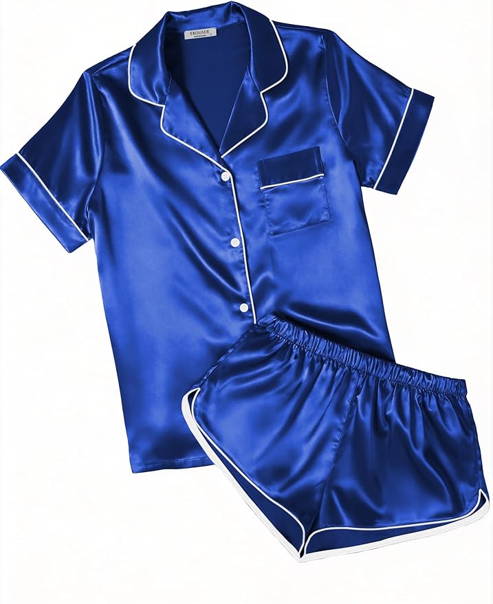 Ekouaer Womens Silk Satin Pajamas Short Sleeve PJS Shorts Set Soft Button Down Sleepwear 2 Piece Loungewear S-5XL