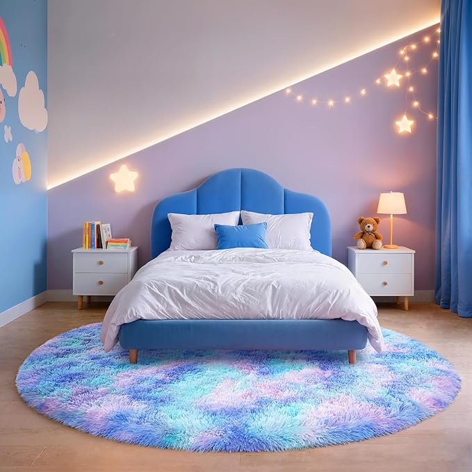 Blivonta Rainbow Round Rug for Bedroom, 4Ft Fluffy Circle Area Rugs for Living Room, Shag Fuzzy Carpet for Kids Room, Nursery, Dorm, Classroom, Teen, Cute Baby Play Mat Home Decor Aesthetic, Blue