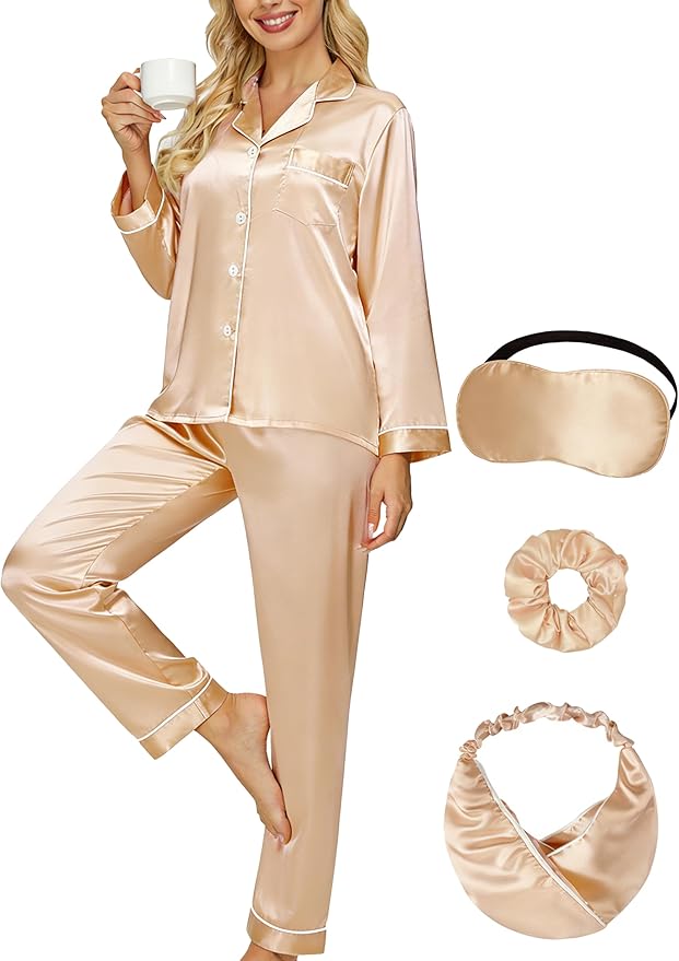 DOLOS Silk Satin Pajama Set for Women Short/Long Sleeve 2-Piece Silky Pajamas for Women Button Down Pjs Sleepwear Loungewear