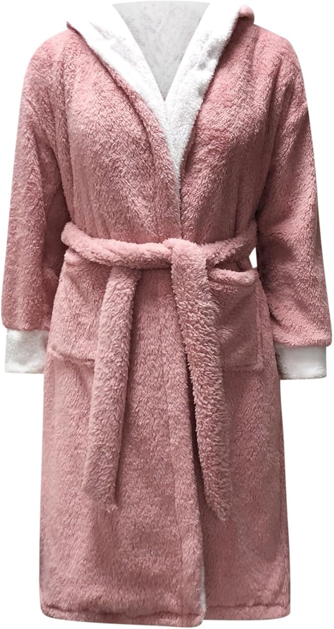 Fuzzy Plush Bathrobe Women Fashion Hooded Thicken Fleece Lined Warm Comfy Long Robe Flannel Loungewear