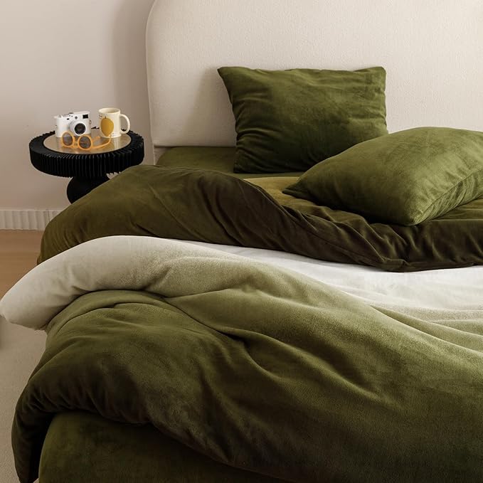 Luxlovery Green Gradient Velvet Comforter Full Fluffy Plush Flannel Bedding Set Full Men Women Army Green White Winter Warm Blanket Quilts Thick Abstract Modern Comforter Set