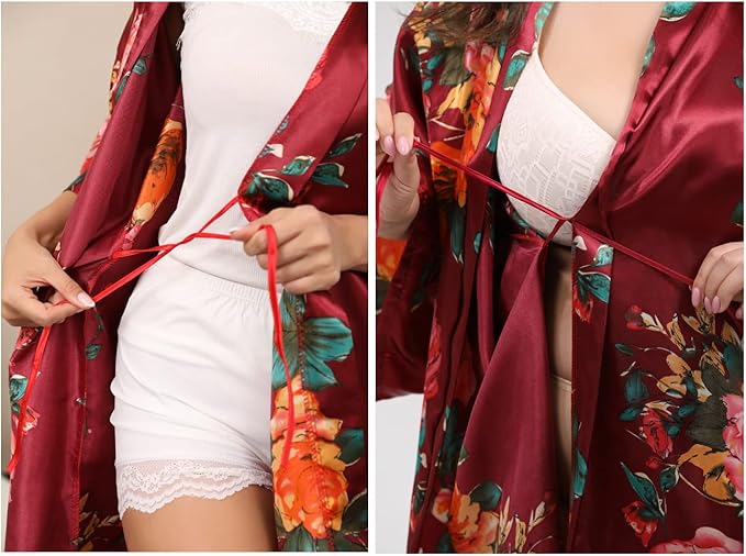 QXQTER Peony Floral Silky Satin Robe Wedding Bridal Party Bride Bridesmaid Robes for Women Dressing Gown Kimono Robe