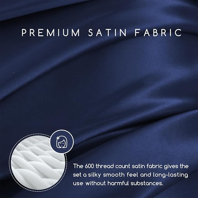 MR&HM Satin Bed Sheets, Full Size Sheets Set, 4 Pcs Silky Bedding Set with 15 Inches Deep Pocket for Mattress (Full, Navy Blue)