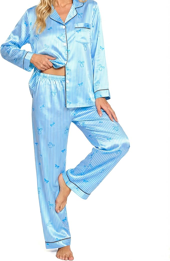 Womens Satin Pajama Set 2 Piece Silk Long Sleeve Pjs Soft Button Down Loungewear Sleepwear