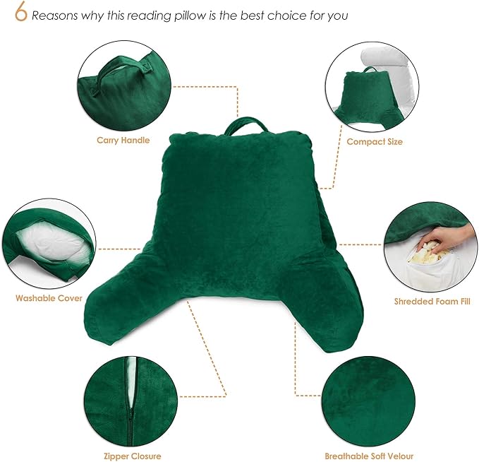 Clara Clark Reading Pillow with Shredded Memory Foam for Sitting Up in Bed and Couch, Back and Arms Adjustable Support for Adults & Teens Backrest Pillows for Reading, with Washable Cover Dark Green