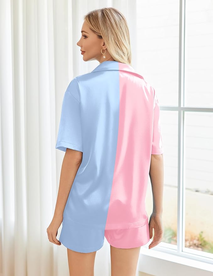 Ekouaer Pajamas for Women Silk Satin Pjs Soft Sleepwear Short Sleeve Button Down Pjs Top and Shorts 2 Piece Lounge Set S-XXL