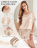 Silk Pajamas for Women Short Sleeve Satin 2 Piece Pj Set Soft V Neck Sleepwear Loungewear, S-XXL