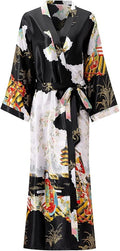 Women's Floral Long Satin Robes Plus Size Long Silk Robes Peacock Floral Kimonos Sleepwear Dressing Gown