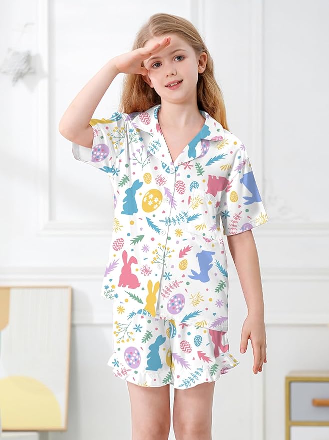 Umeyda Girls & Women Satin Pajamas Set Button Down 2 Piece Silk Pjs Shorts Set Ruffle Sleepwear, 5 Years-Women L