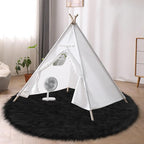 Faux Fur Black Round Rug 4ft for Bedroom, Black Fur Circle Rug Furry Shag Carpet for Living Room Kids Room Teen's Room, Plush Shaggy Circular Rug for Nursery Room Dorm
