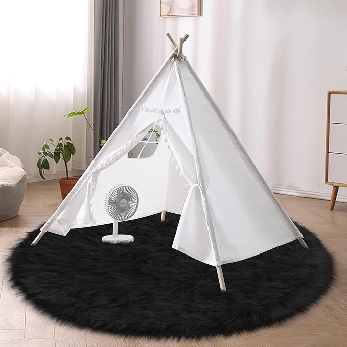 Faux Fur Black Round Rug 4ft for Bedroom, Black Fur Circle Rug Furry Shag Carpet for Living Room Kids Room Teen's Room, Plush Shaggy Circular Rug for Nursery Room Dorm