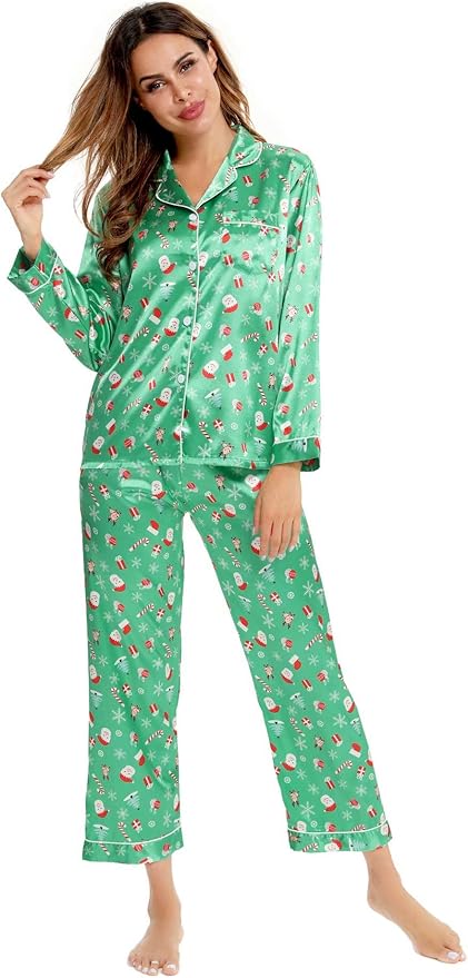 SWOMOG Womens Silk Satin Pajamas Set Long Sleeve Button Down Sleepwear 2 Piece Lounge Set Pj Set XS-3XL