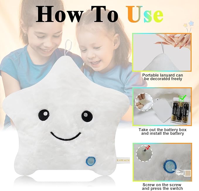 LED Night Light Up Star Pillow for Kids Pillows Stuffed Animals for Girls Boys Children Teens Adults Plushie Birthday Christmas Holiday Valentines Doll Gifts,Glow in The Dark Toys Plush White