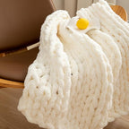 Luxury Chunky Knit Blanket Throw, Handmade Thick Chenille Yarn Throw 40"x40", Cream Cable Knit Crochet Blanket, Decorative Cozy and Soft Crochet Throw Blanket for Couch Home Decor