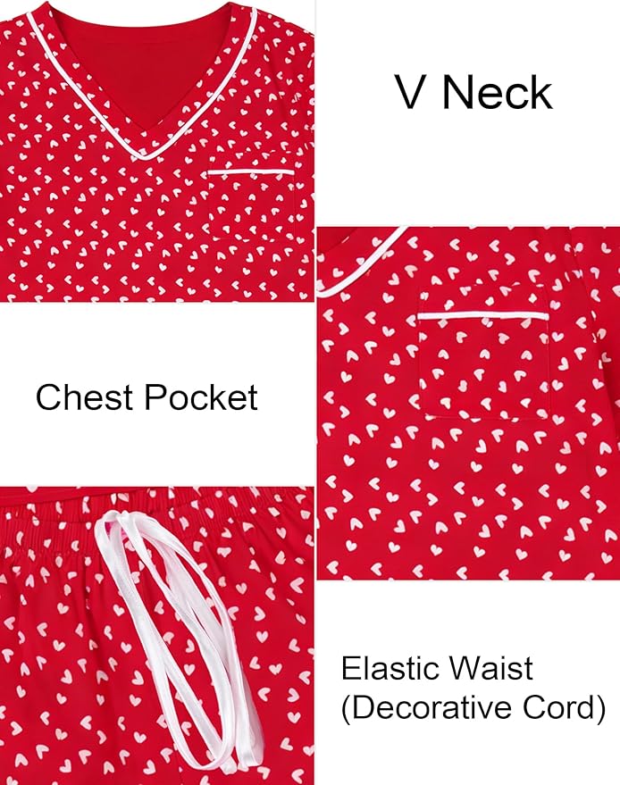 ASTANFY Valentines Day Pajamas Women 2 Piece Silk Valentine Pjs Cute Heart Pajamas V Neck Satin Sleepwear Loungewear Set