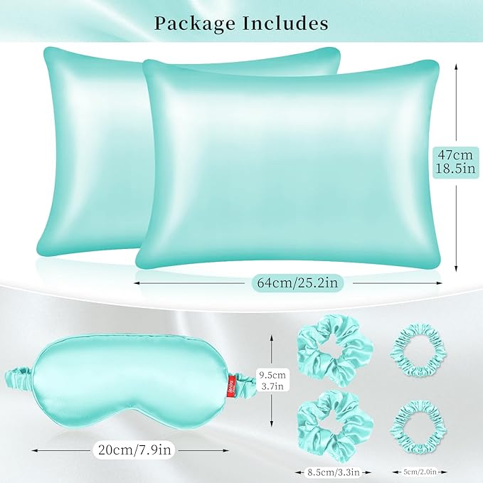 my novel things Satin Pillowcase Gift Set with Silk Satin Sleep Mask 4 Scrunchies, 2Pack Standard Size Silky Pillow Cases Luxury Sleeping 7 Pieces Set for Women Wife Female Birthday Mother Gift