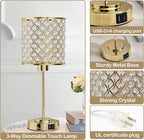 GyroVu Crystal Touch Control Table Lamp with USB-C+A Charging Ports, Dimmable Nightstand Lamp Set of 2 Crystal Decorative Bedside Lamps with Gold Elegant Shade for Bedroom Living Room, Bulbs Included