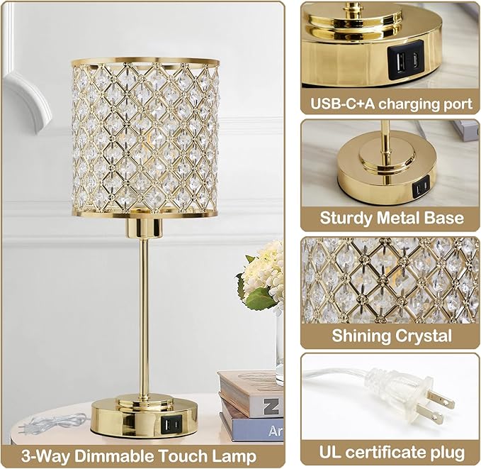 GyroVu Crystal Touch Control Table Lamp with USB-C+A Charging Ports, Dimmable Nightstand Lamp Set of 2 Crystal Decorative Bedside Lamps with Gold Elegant Shade for Bedroom Living Room, Bulbs Included