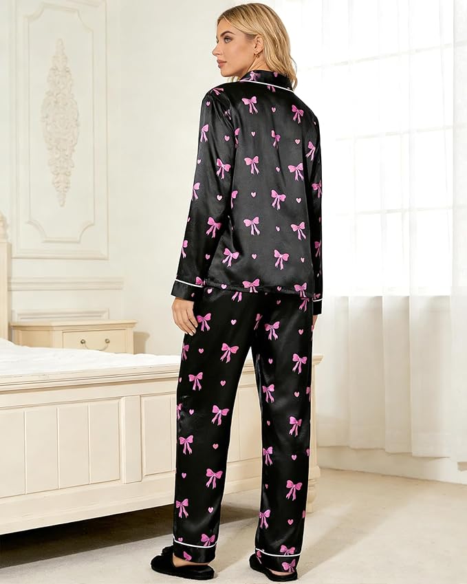 Womens Satin Pajama Set 2 Piece Silk Long Sleeve Pjs Soft Button Down Loungewear Sleepwear