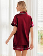 Ekouaer Womens Silk Satin Pajama Sets Soft Short Sleeve Button Down Sleepwear Top and Shorts 2 Piece Pjs Lounge Set