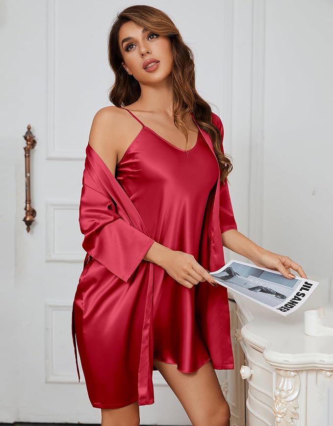 SAPJON Silk Pajamas for Women 5Pcs Sleepwear Loungewear Satin Robe Cami Shorts Pj Set
