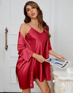 SAPJON Silk Pajamas for Women 5Pcs Sleepwear Loungewear Satin Robe Cami Shorts Pj Set