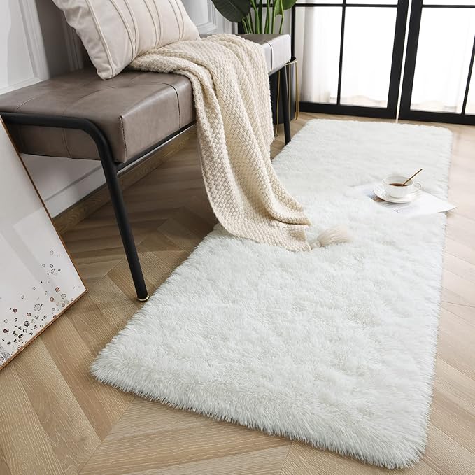 Jelymark Super Soft Shaggy Rug for Bedroom, 2x6 Feet Fluffy Carpet for Living Room, Fuzzy Indoor Plush Area Rug for Home Decor, Furry Floor Rugs for Dorm, Kids Nursery Rug for Girls, Cream White