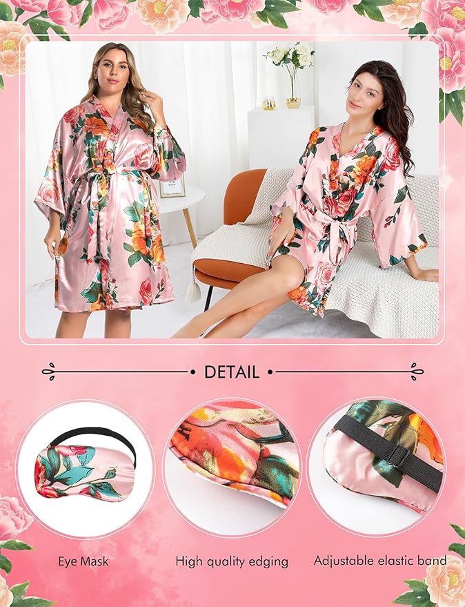 EPLAZA Silk Robes for Women Satin Robe Short Sexy Print Flower Kimono Loungewear Wedding Bridal Party