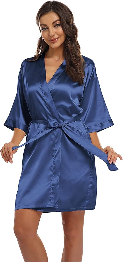 Women's Pure Short Kimono Robes Bride Bridesmaids Silky Bathrobe Lightweight Satin Sleepwear