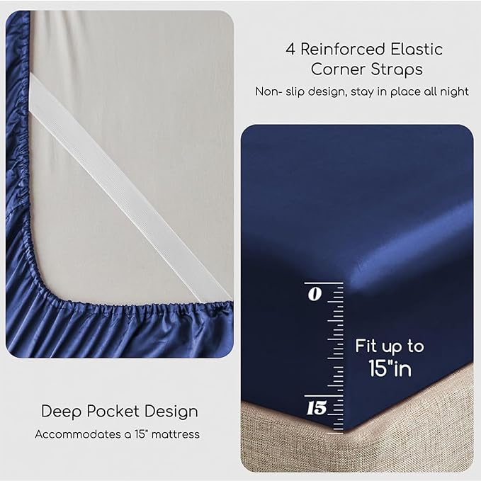 MR&HM Satin Bed Sheets, Twin XL Size Sheets Set, 3 Pcs Silky Bedding Set with 15 Inches Deep Pocket for Mattress (Twin XL, Navy Blue)
