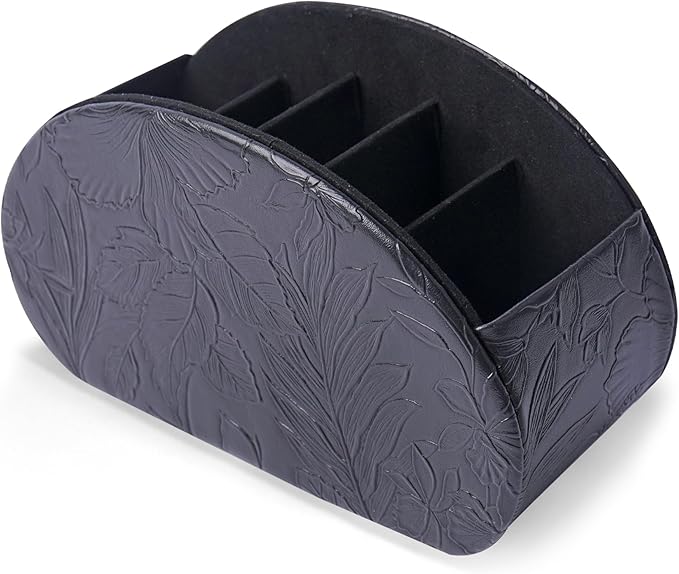 QIELIZI Remote Control Holder, PU Leather Remote Caddy Desktop Organizer with 5 Spacious Compartments for TV Remotes/Media Controllers/Office Supplies (1-Carved Black