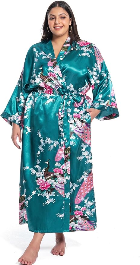 Women's Floral Long Satin Robes Plus Size Long Silk Robes Peacock Floral Kimonos Sleepwear Dressing Gown