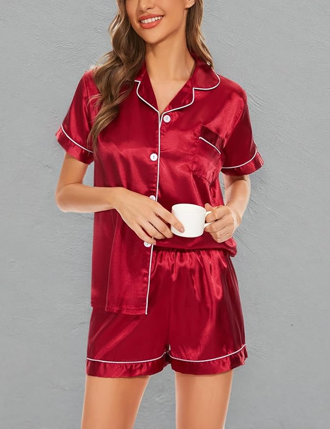 Women's Silk Pajama Set Short Sleeve Sleepwear Satin Button Down Pj Tops and Shorts 2 Piece Loungewear