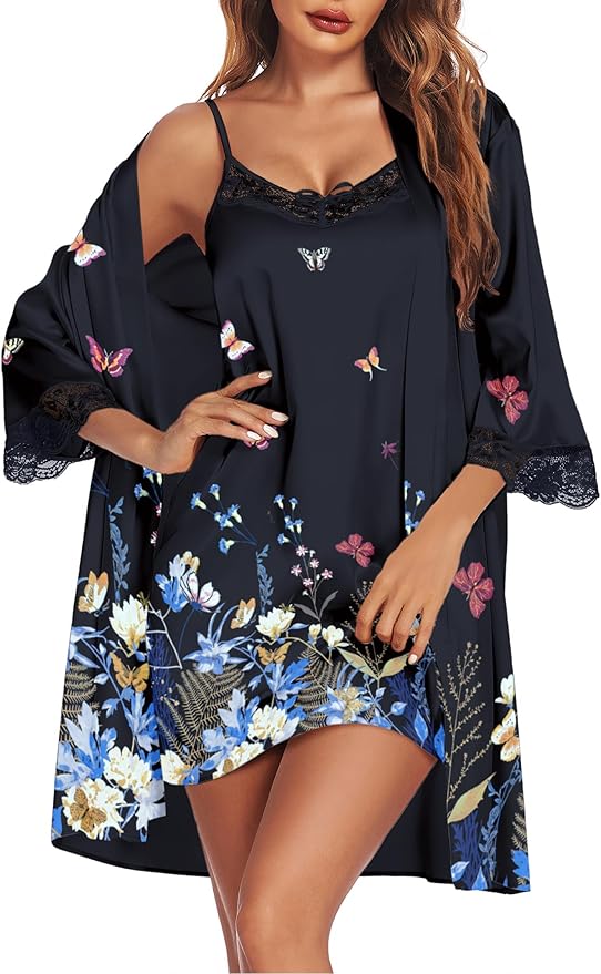 Ekouaer Sleepwear Women's Satin Nightgown with Robes Set 2 Piece Sexy Lace Cami Nightwear