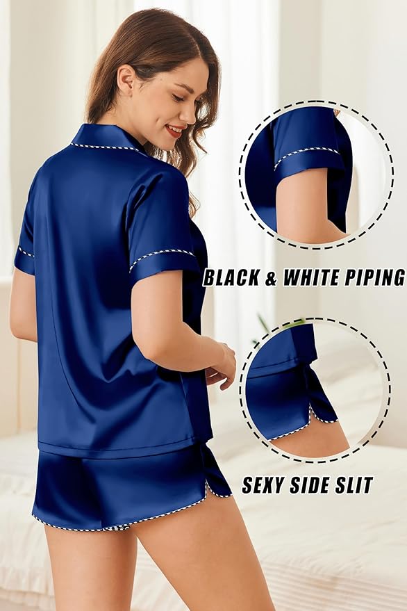 Ekouaer Silk Satin Pajamas Set Short Sleeve Pj Sets Black & White Contrast Piping Pjs Button Down Lounge Sets 2 Piece