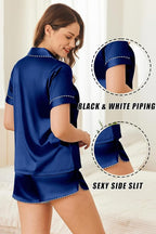 Ekouaer Silk Satin Pajamas Set Short Sleeve Pj Sets Black & White Contrast Piping Pjs Button Down Lounge Sets 2 Piece