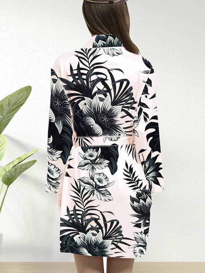 WJing Yi Jia 2Pcs Womens Floral Kimono Robe Silk Robes Bride Bridesmaid Satin Robes Bridal Dressing Gown Silky Bathrobe